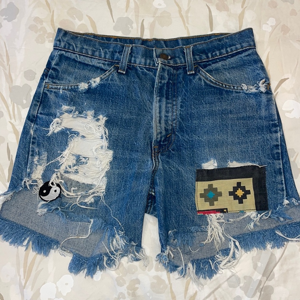 Reworked Levi’s Distressed Frayed Denim Shorts